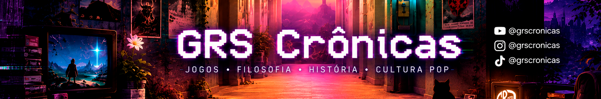 Banner oficial GRS Crônicas, com um corredor liminar e o nome do canal em letras pixeladas